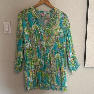 Lilly Pulitzer Teal Green Pink Paisley V-Neck Tunic